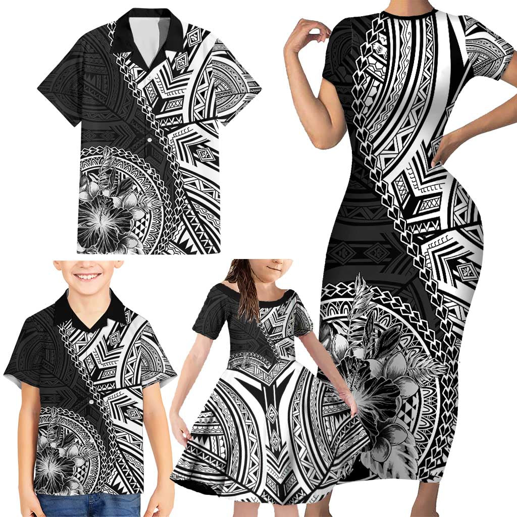 Hibiscus With Black Austronesian Tattoo Pattern Family Matching Short Sleeve Bodycon Dress and Hawaiian Shirt LT05 - Polynesian Pride