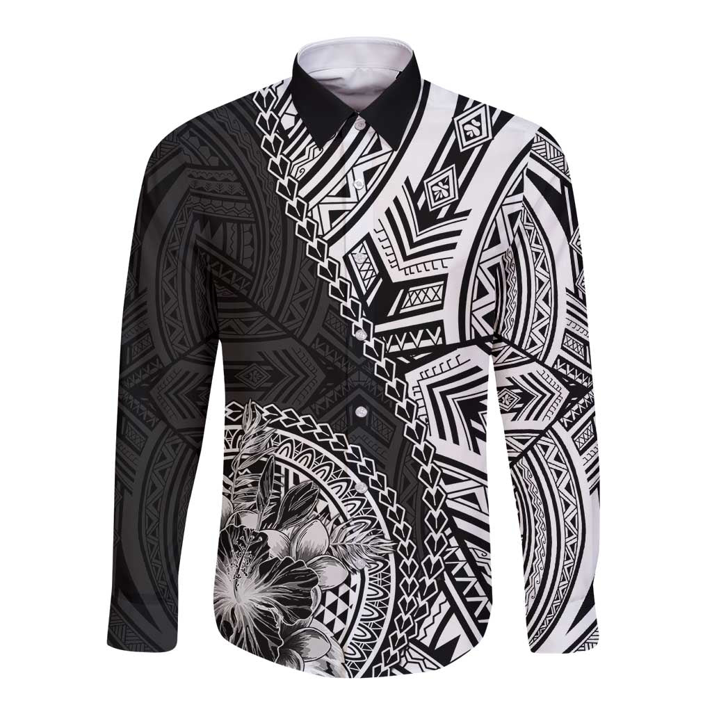 Hibiscus With Black Austronesian Tattoo Pattern Long Sleeve Button Shirt - Polynesian Pride