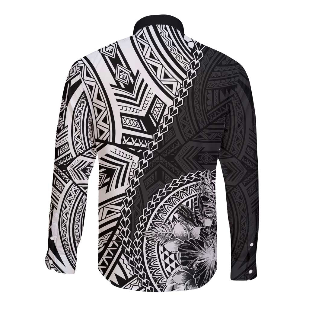 Hibiscus With Black Austronesian Tattoo Pattern Long Sleeve Button Shirt - Polynesian Pride