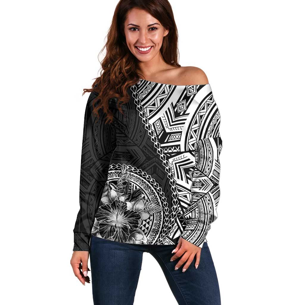 Hibiscus With Black Austronesian Tattoo Pattern Off Shoulder Sweater LT05 Women Black - Polynesian Pride