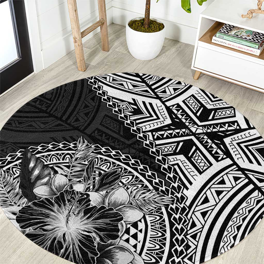 Hibiscus With Black Austronesian Tattoo Pattern Round Carpet LT05 Black - Polynesian Pride