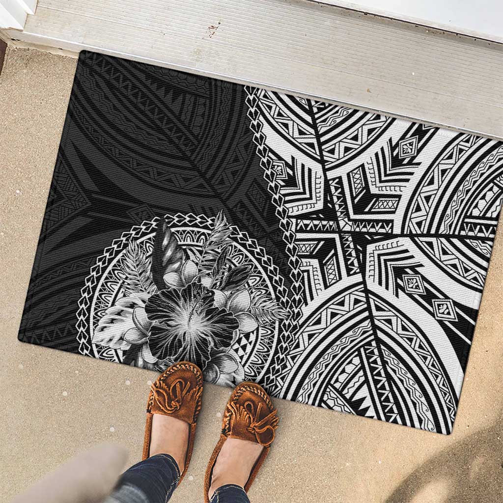 Hibiscus With Black Austronesian Tattoo Pattern Rubber Doormat - Polynesian Pride