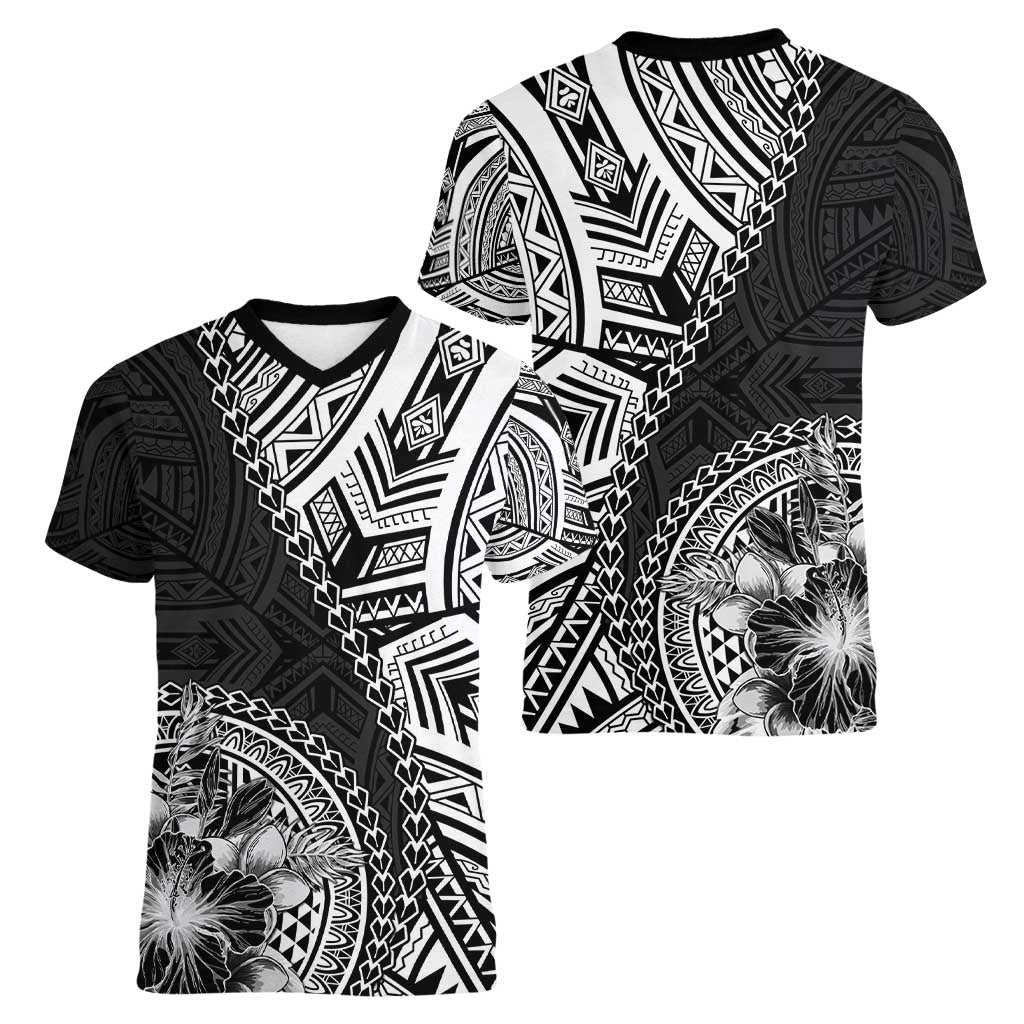 Hibiscus With Black Austronesian Tattoo Pattern Women V-Neck T-Shirt - Polynesian Pride