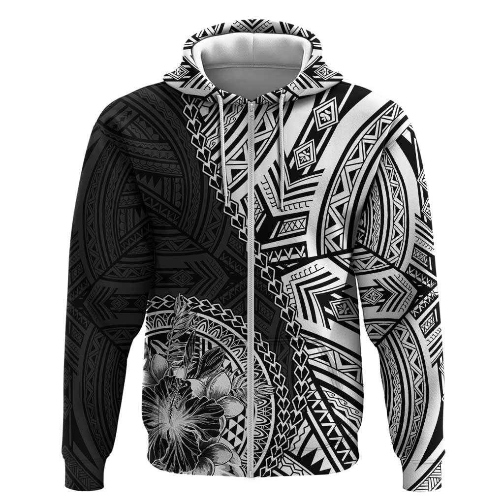 Hibiscus With Black Austronesian Tattoo Pattern Zip Hoodie LT05 Zip Hoodie Black - Polynesian Pride