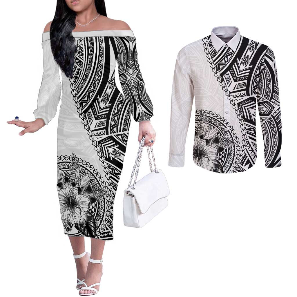 Hibiscus With White Austronesian Tattoo Pattern Couples Matching Off The Shoulder Long Sleeve Dress and Long Sleeve Button Shirt - Polynesian Pride
