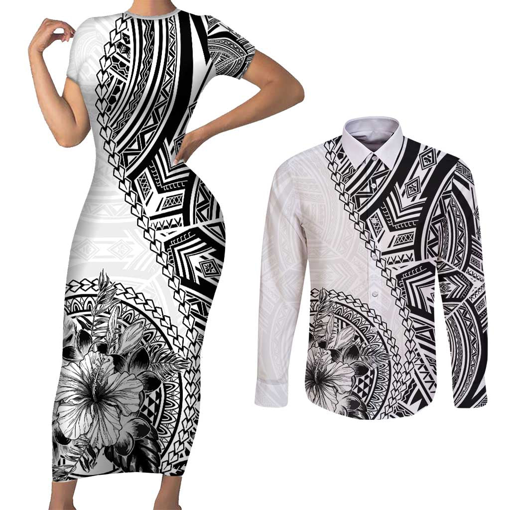 Hibiscus With White Austronesian Tattoo Pattern Couples Matching Short Sleeve Bodycon Dress and Long Sleeve Button Shirt - Polynesian Pride