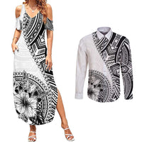 Hibiscus With White Austronesian Tattoo Pattern Couples Matching Summer Maxi Dress and Long Sleeve Button Shirt - Polynesian Pride