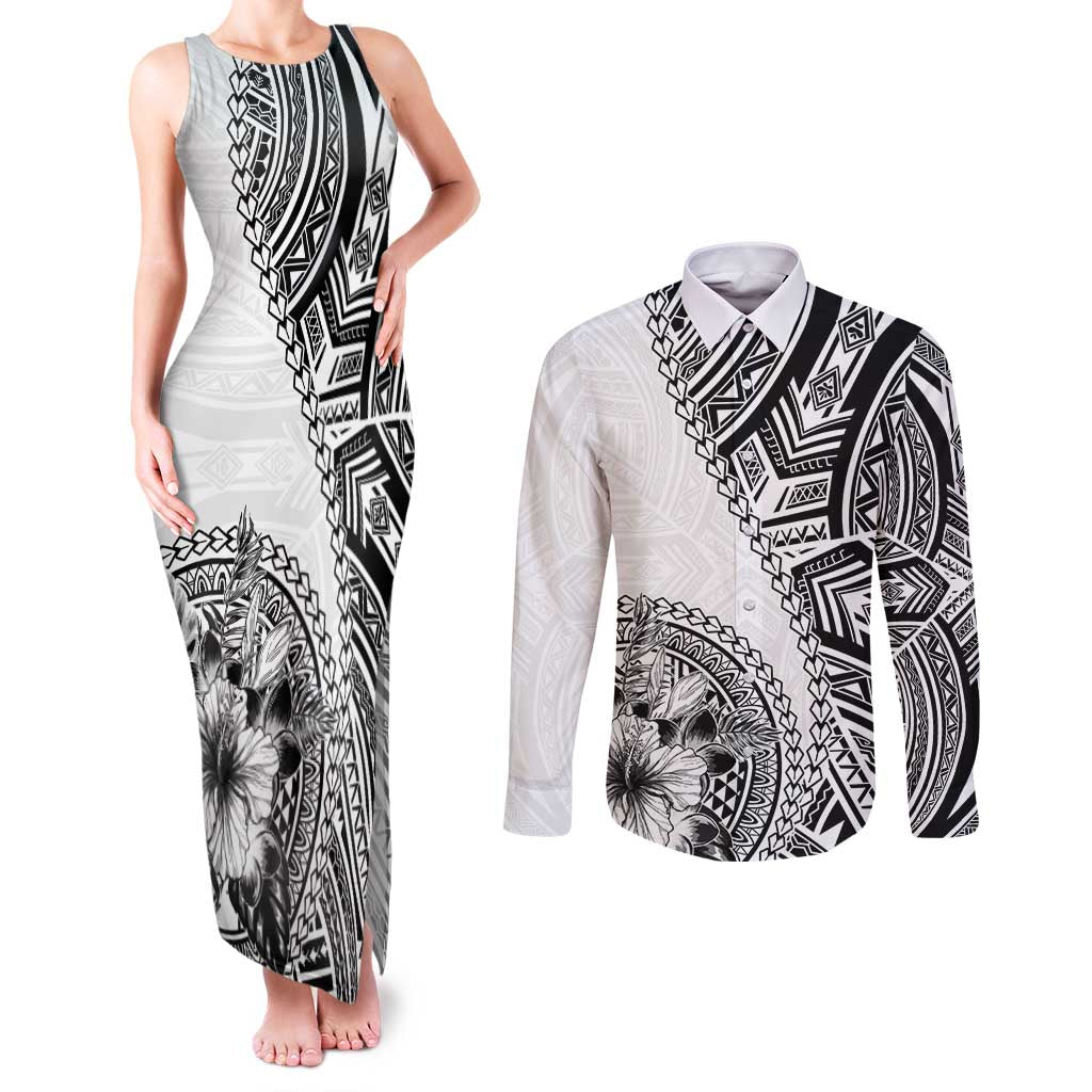 Hibiscus With White Austronesian Tattoo Pattern Couples Matching Tank Maxi Dress and Long Sleeve Button Shirt - Polynesian Pride