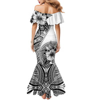 Hibiscus With White Austronesian Tattoo Pattern Family Matching Mermaid Dress and Hawaiian Shirt - Polynesian Pride
