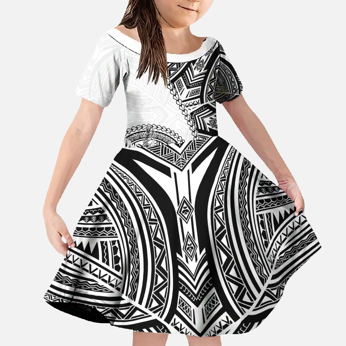 Hibiscus With White Austronesian Tattoo Pattern Family Matching Off The Shoulder Long Sleeve Dress and Hawaiian Shirt - Polynesian Pride