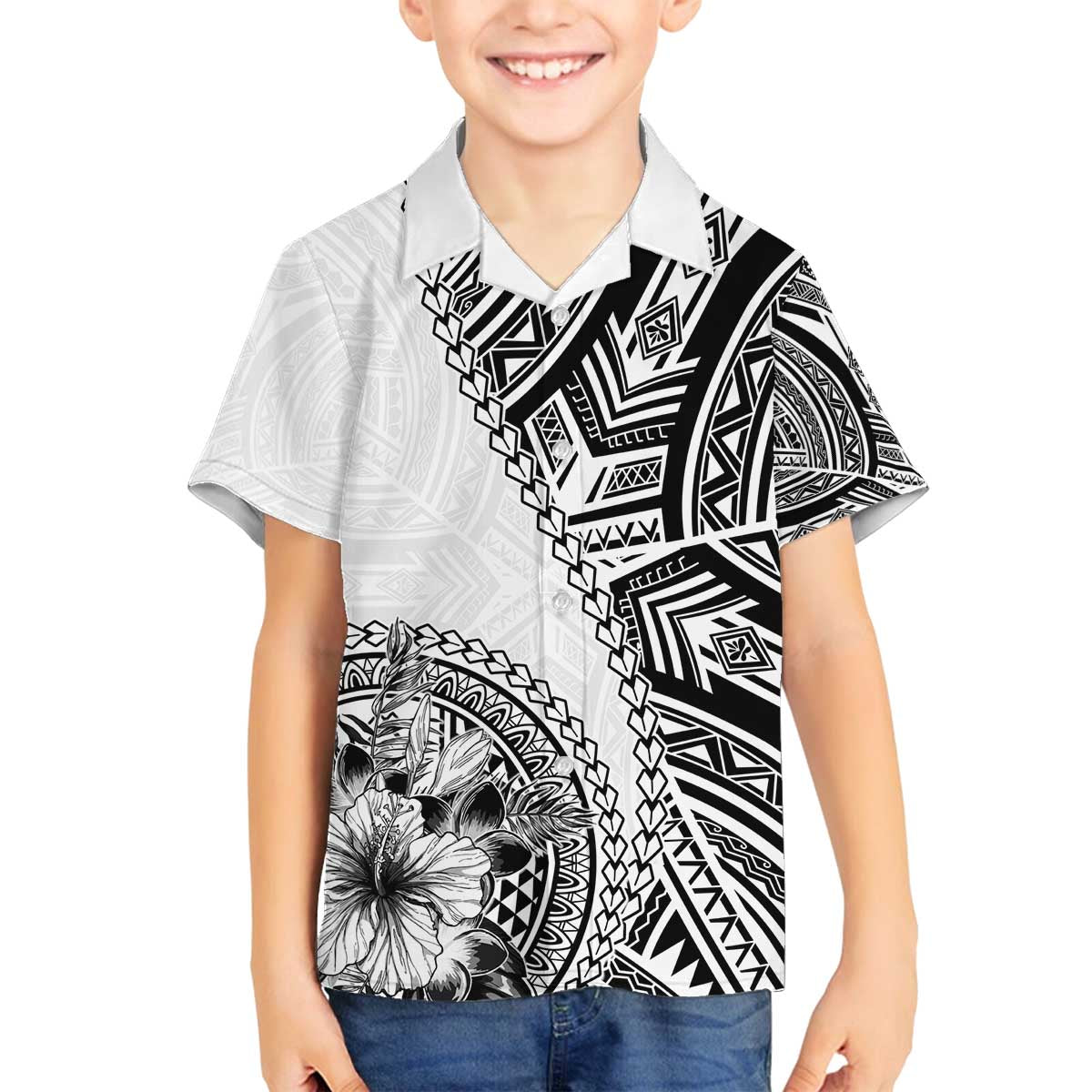 Hibiscus With White Austronesian Tattoo Pattern Family Matching Off The Shoulder Long Sleeve Dress and Hawaiian Shirt - Polynesian Pride