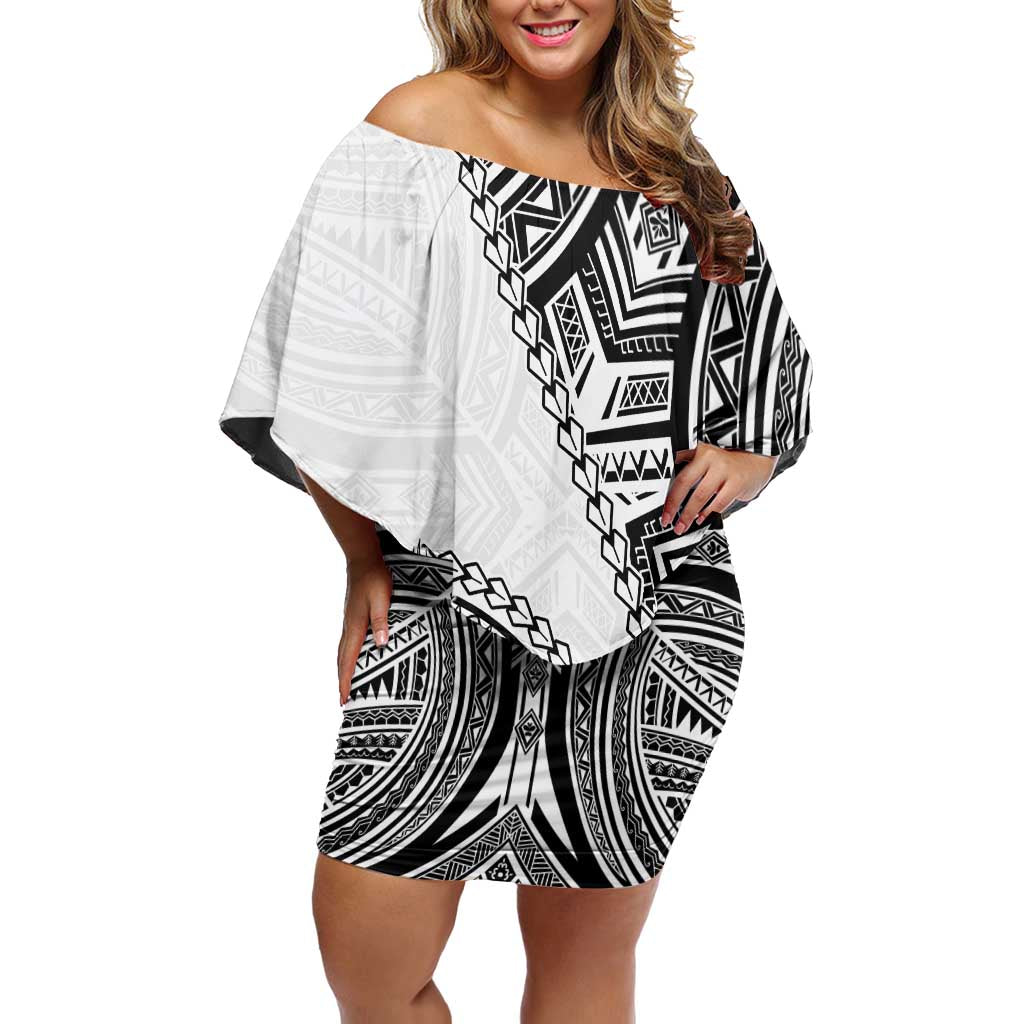 Hibiscus With White Austronesian Tattoo Pattern Family Matching Off Shoulder Short Dress and Hawaiian Shirt - Polynesian Pride