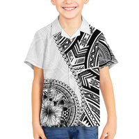 Hibiscus With White Austronesian Tattoo Pattern Family Matching Off Shoulder Short Dress and Hawaiian Shirt - Polynesian Pride