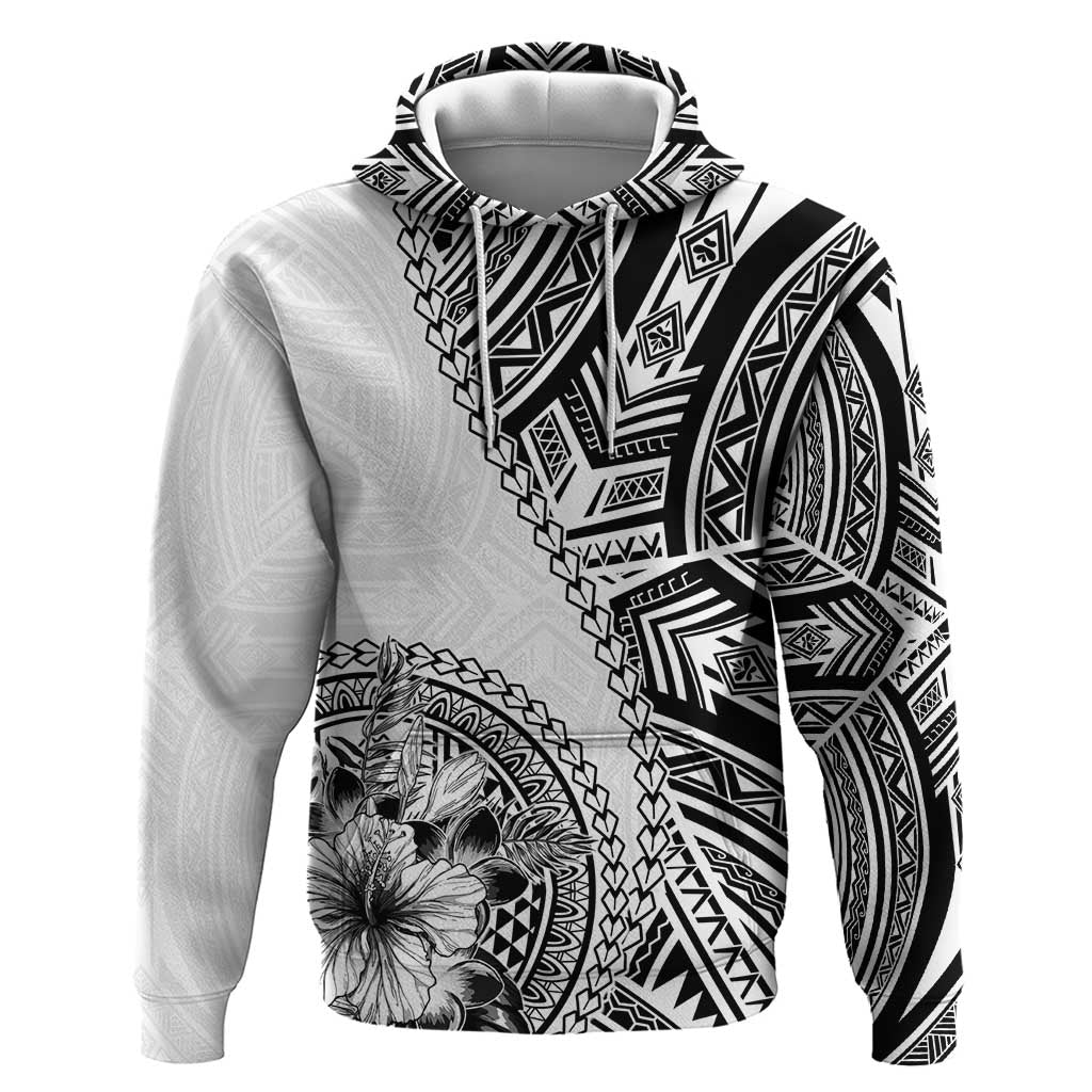 Hibiscus With White Austronesian Tattoo Pattern Hoodie LT05 Pullover Hoodie White - Polynesian Pride