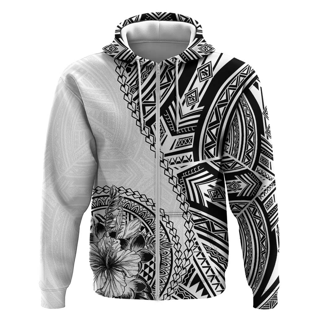 Hibiscus With White Austronesian Tattoo Pattern Hoodie LT05 Zip Hoodie White - Polynesian Pride