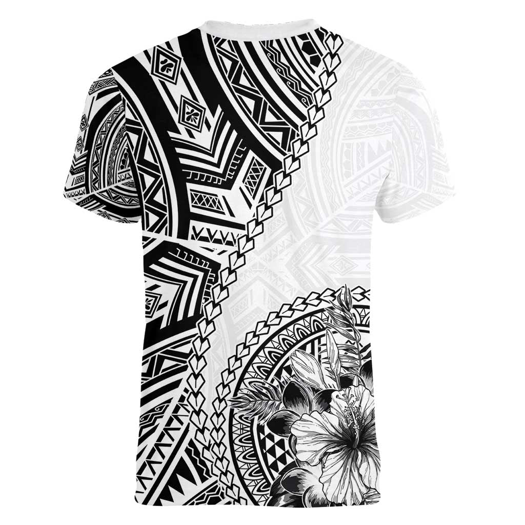 Hibiscus With White Austronesian Tattoo Pattern Women V-Neck T-Shirt - Polynesian Pride
