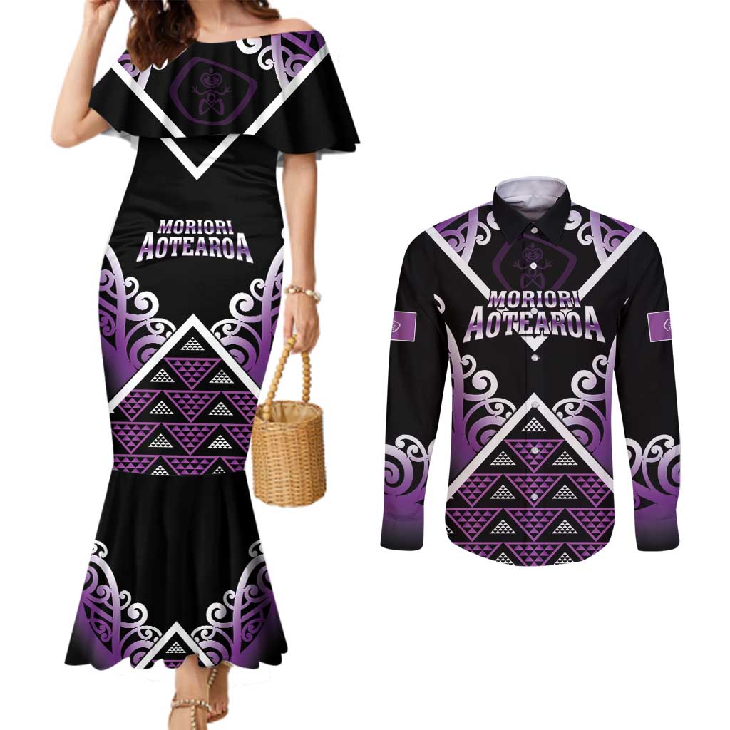 Personalised Aotearoa Moriori Couples Matching Mermaid Dress and Long Sleeve Button Shirt Maori Pattern New Zealand - Polynesian Pride