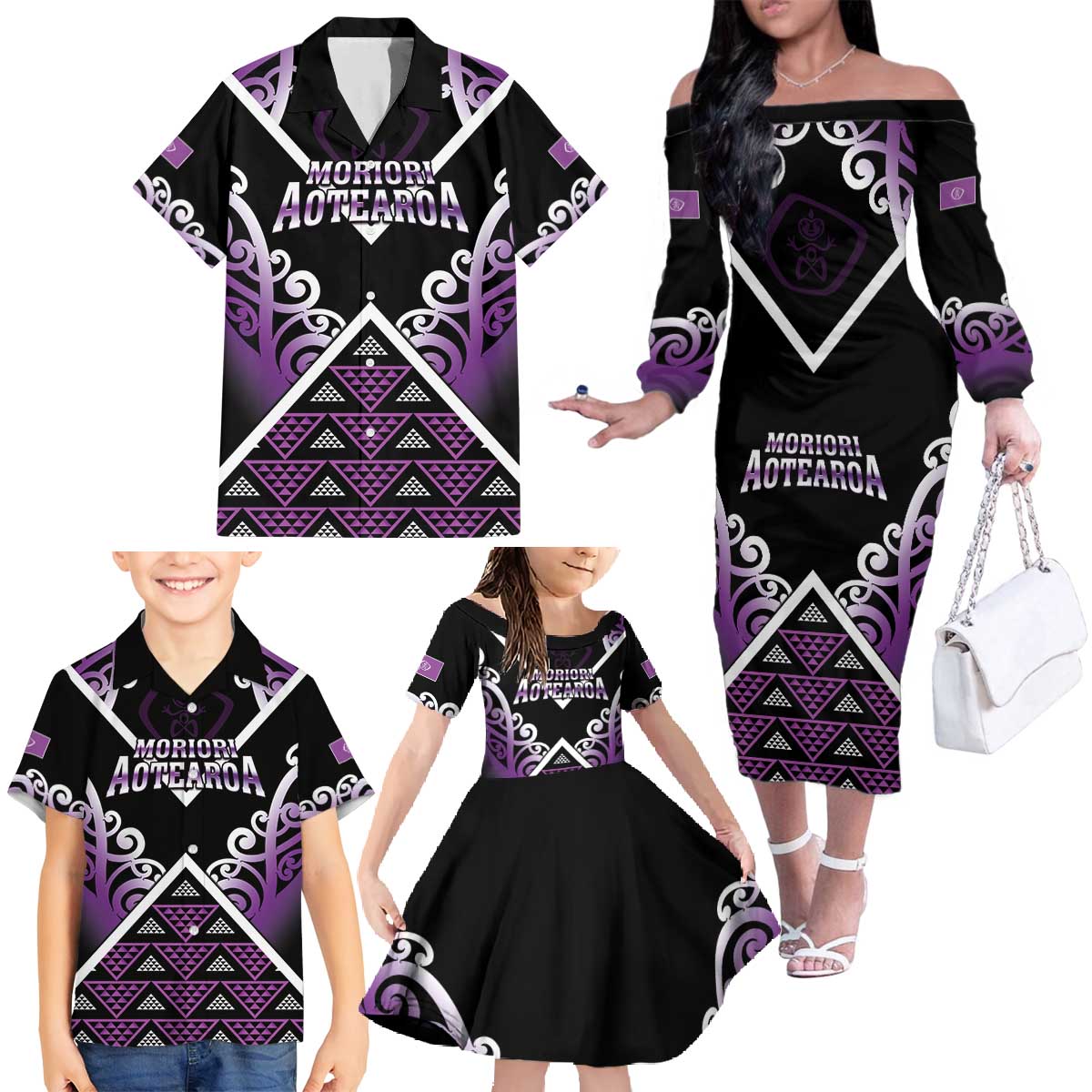 Personalised Aotearoa Moriori Family Matching Off The Shoulder Long Sleeve Dress and Hawaiian Shirt Maori Pattern New Zealand LT05 - Polynesian Pride