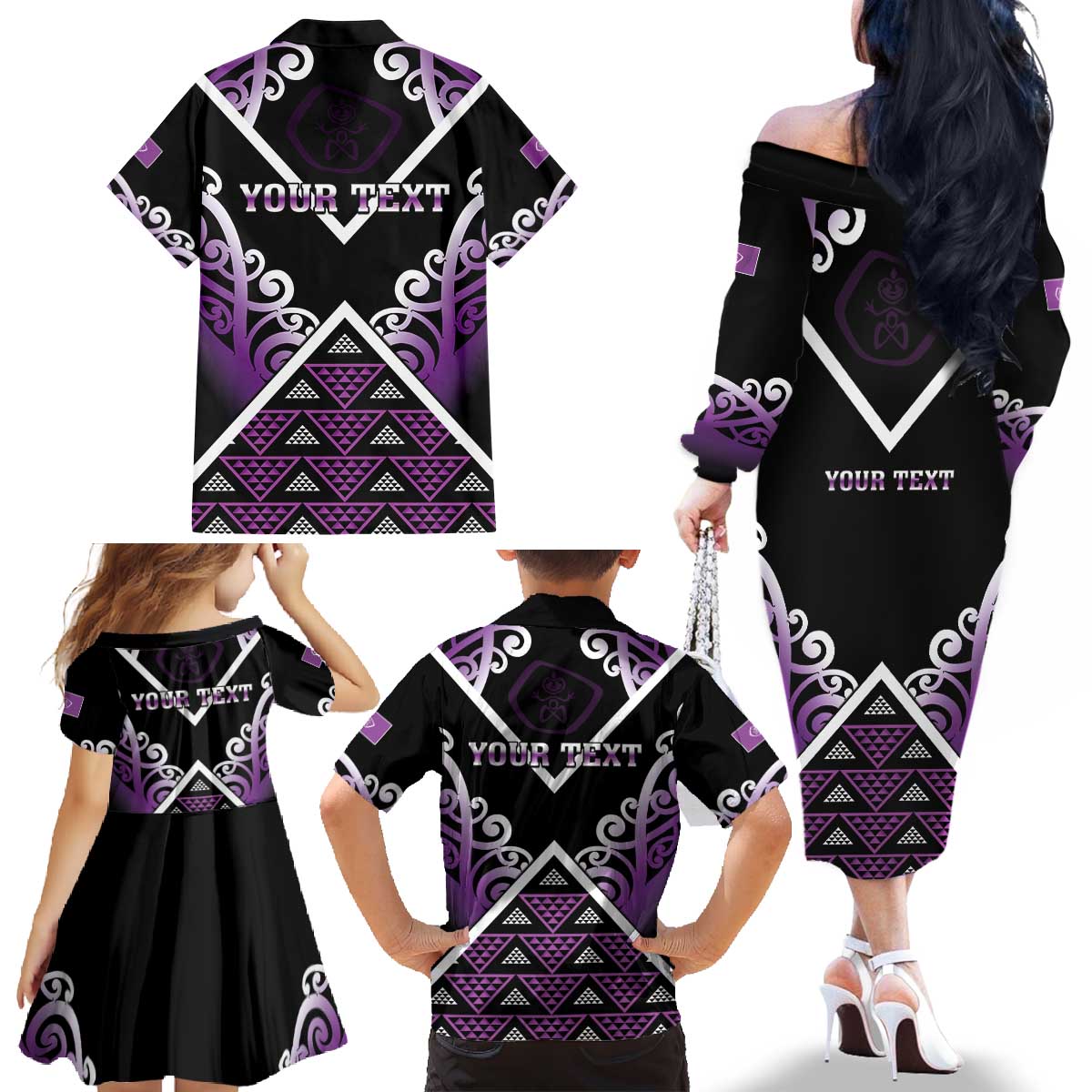 Personalised Aotearoa Moriori Family Matching Off The Shoulder Long Sleeve Dress and Hawaiian Shirt Maori Pattern New Zealand LT05 - Polynesian Pride