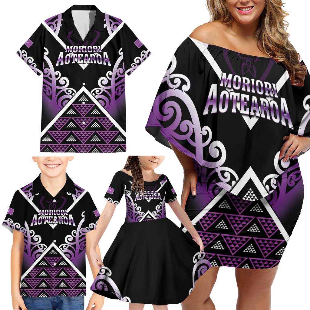 Personalised Aotearoa Moriori Family Matching Off Shoulder Short Dress and Hawaiian Shirt Maori Pattern New Zealand LT05 - Polynesian Pride