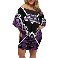 Personalised Aotearoa Moriori Family Matching Off Shoulder Short Dress and Hawaiian Shirt Maori Pattern New Zealand LT05 Mom's Dress Purple - Polynesian Pride