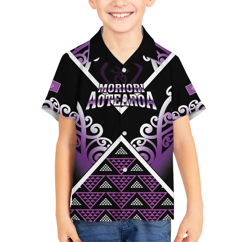 Personalised Aotearoa Moriori Family Matching Off Shoulder Short Dress and Hawaiian Shirt Maori Pattern New Zealand LT05 Son's Shirt Purple - Polynesian Pride