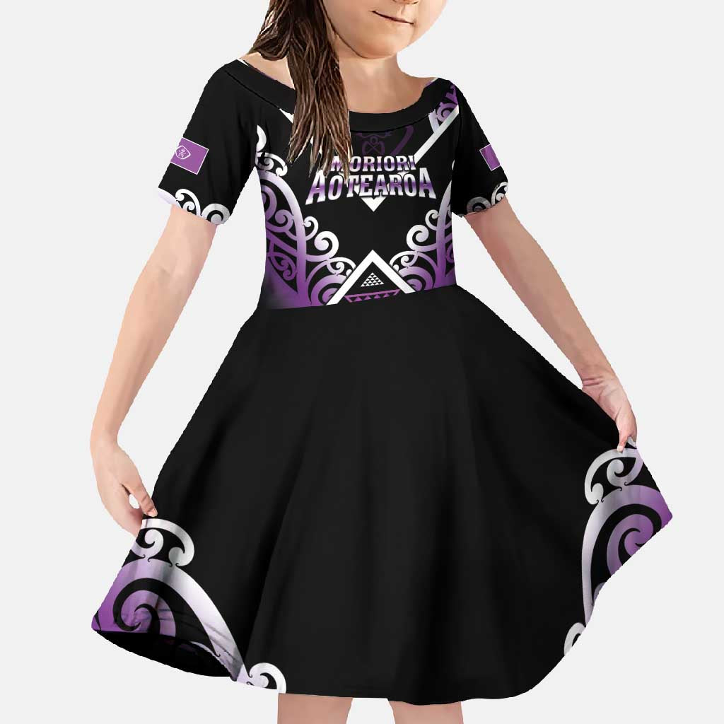 Personalised Aotearoa Moriori Family Matching Short Sleeve Bodycon Dress and Hawaiian Shirt Maori Pattern New Zealand LT05 Daughter's Dress Purple - Polynesian Pride