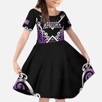 Personalised Aotearoa Moriori Family Matching Short Sleeve Bodycon Dress and Hawaiian Shirt Maori Pattern New Zealand LT05 Daughter's Dress Purple - Polynesian Pride