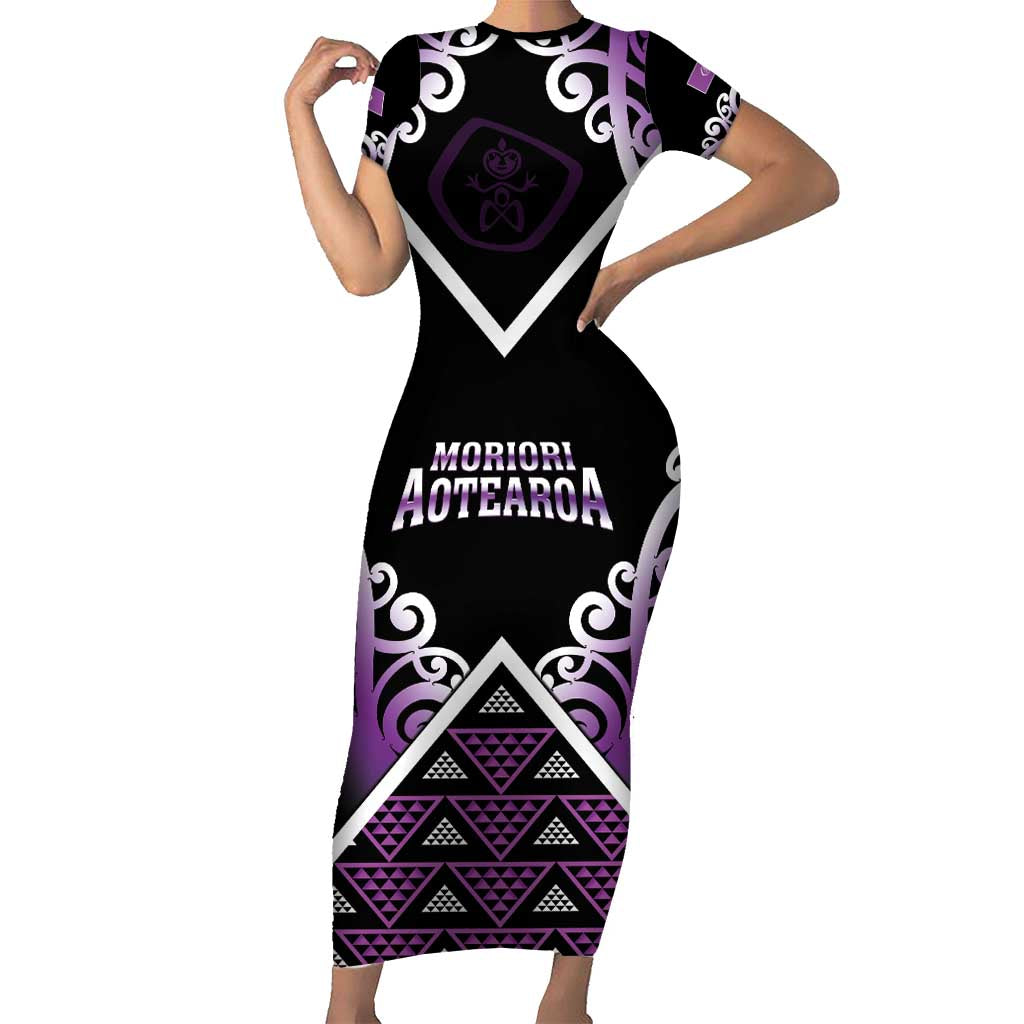 Personalised Aotearoa Moriori Family Matching Short Sleeve Bodycon Dress and Hawaiian Shirt Maori Pattern New Zealand LT05 Mom's Dress Purple - Polynesian Pride