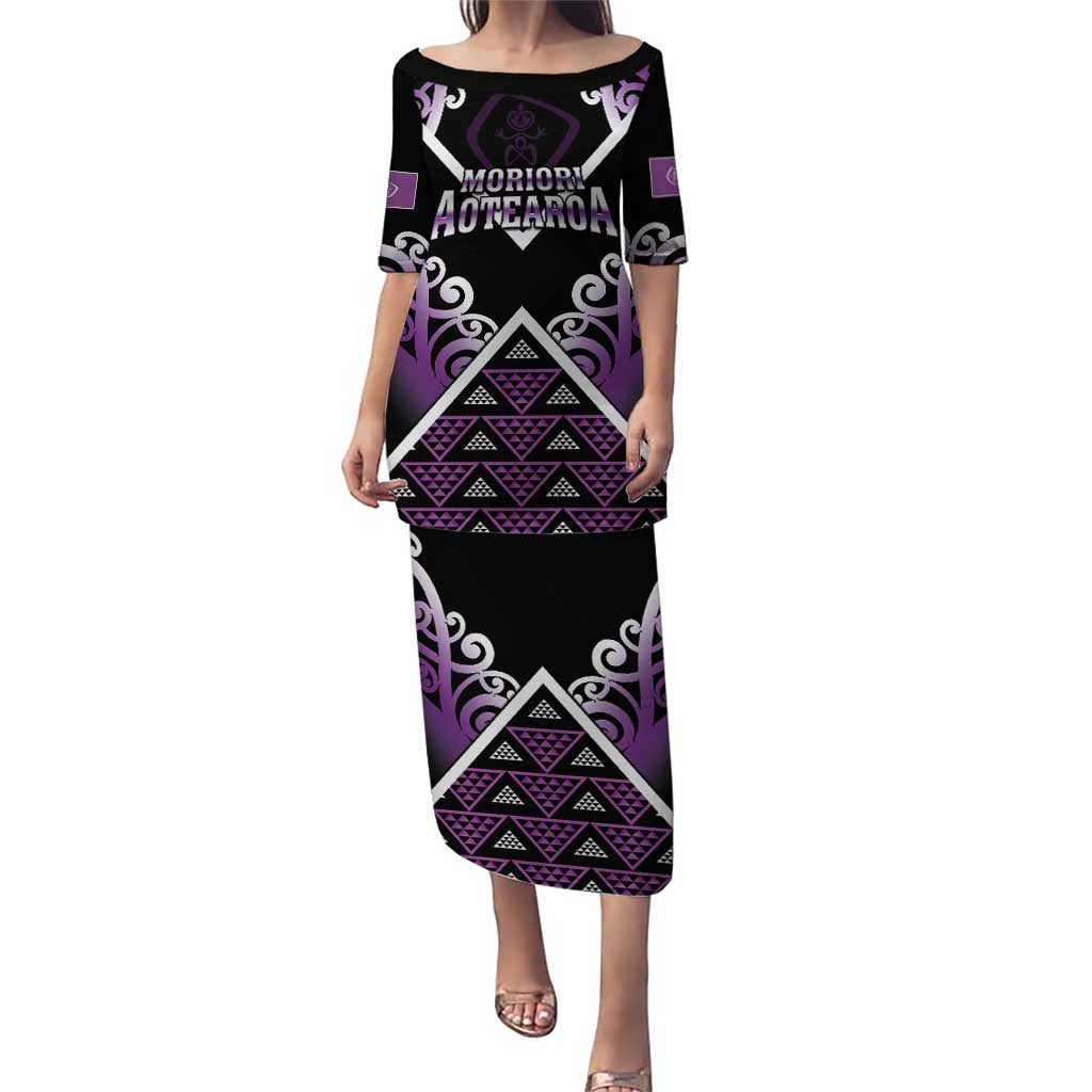 Personalised Aotearoa Moriori Puletasi Maori Pattern New Zealand LT05 Long Dress Purple - Polynesian Pride