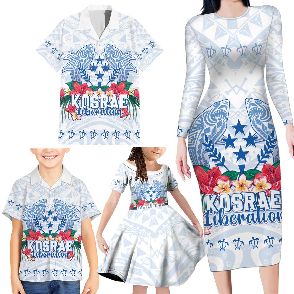 Happy Kosrae Liberation Day Family Matching Long Sleeve Bodycon Dress and Hawaiian Shirt Polynesian Shark Turtle Motif LT05 - Polynesian Pride