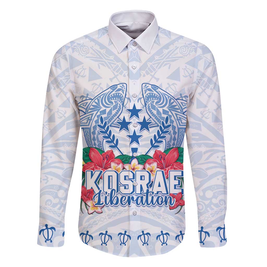 Happy Kosrae Liberation Day Family Matching Long Sleeve Bodycon Dress and Hawaiian Shirt Polynesian Shark Turtle Motif LT05 Dad's Shirt - Long Sleeve White - Polynesian Pride