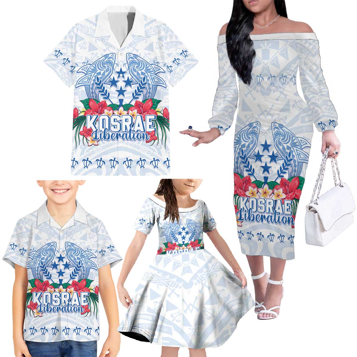 Happy Kosrae Liberation Day Family Matching Off The Shoulder Long Sleeve Dress and Hawaiian Shirt Polynesian Shark Turtle Motif LT05 - Polynesian Pride