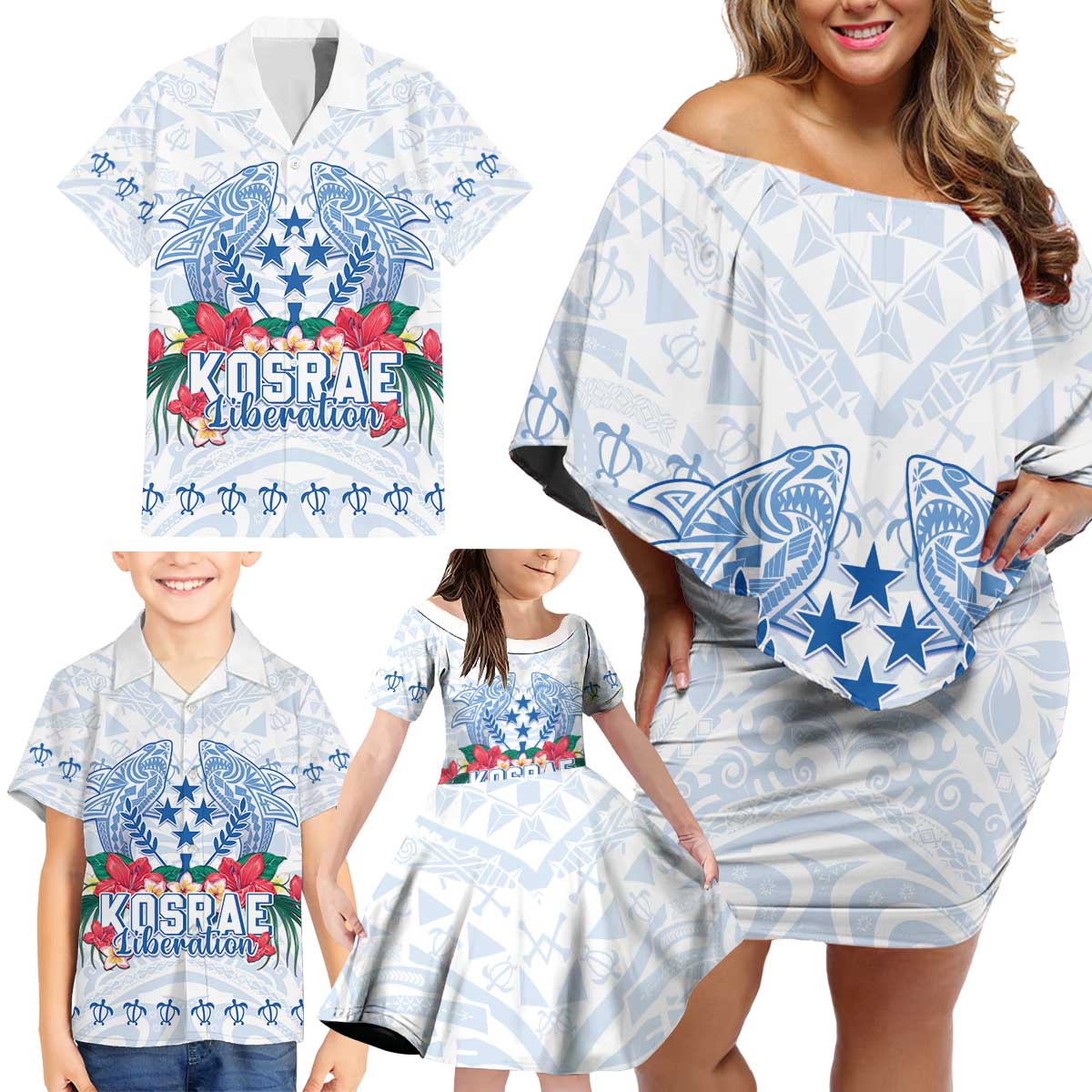 Happy Kosrae Liberation Day Family Matching Off Shoulder Short Dress and Hawaiian Shirt Polynesian Shark Turtle Motif LT05 - Polynesian Pride