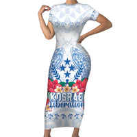 Happy Kosrae Liberation Day Family Matching Short Sleeve Bodycon Dress and Hawaiian Shirt Polynesian Shark Turtle Motif LT05 Mom's Dress White - Polynesian Pride