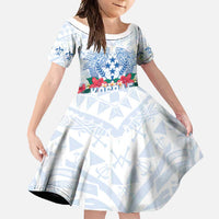 Happy Kosrae Liberation Day Family Matching Summer Maxi Dress and Hawaiian Shirt Polynesian Shark Turtle Motif LT05 Daughter's Dress White - Polynesian Pride