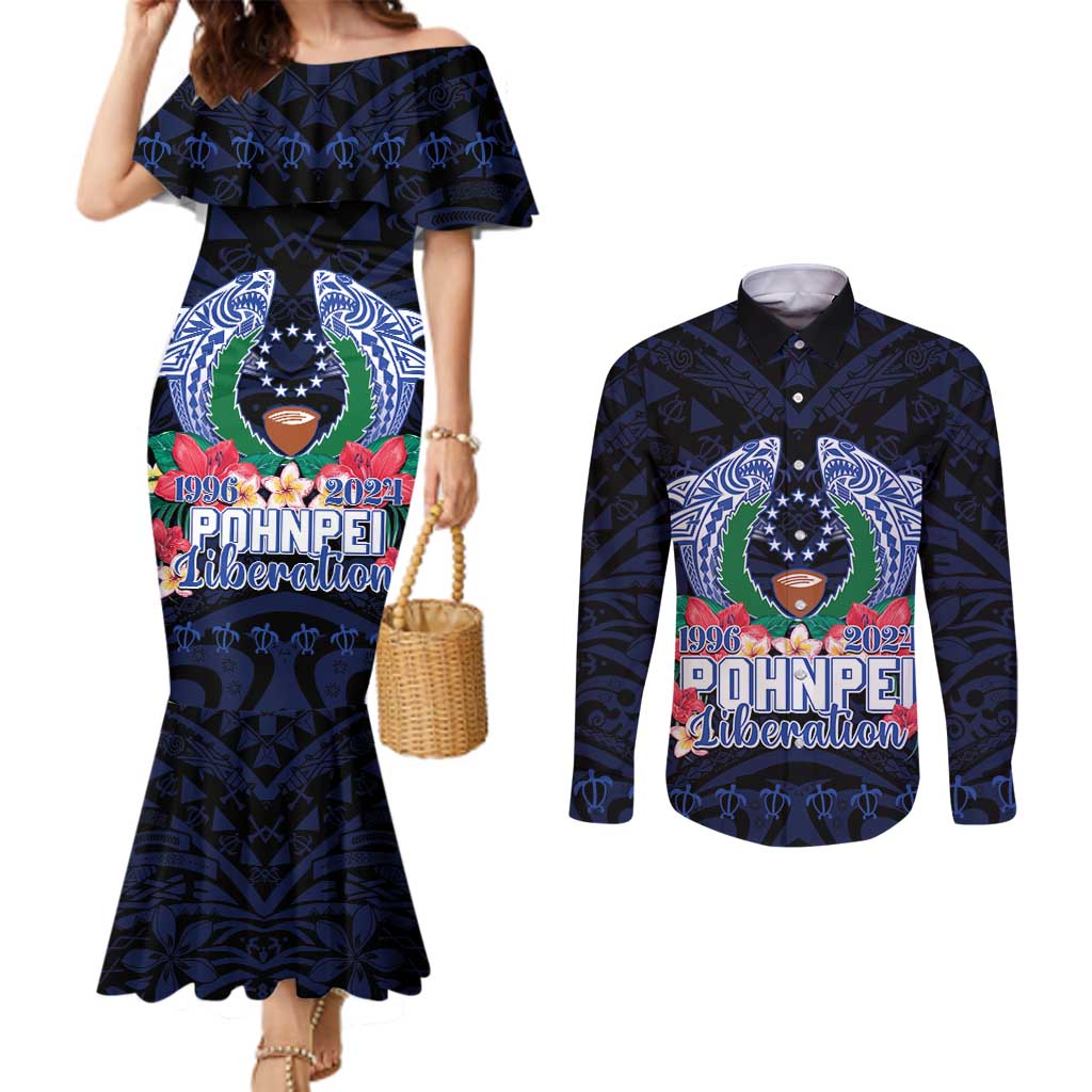 Happy Pohnpei Liberation Day Couples Matching Mermaid Dress and Long Sleeve Button Shirt Polynesian Shark Turtle Motif