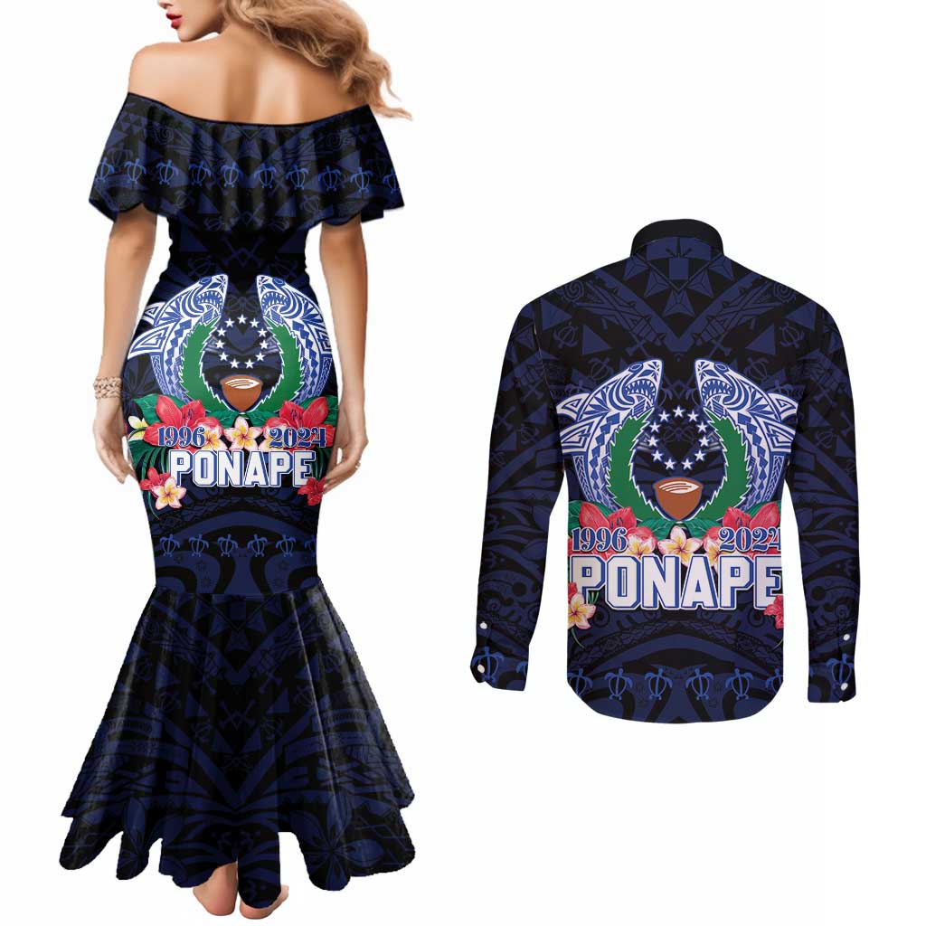Happy Pohnpei Liberation Day Couples Matching Mermaid Dress and Long Sleeve Button Shirt Polynesian Shark Turtle Motif