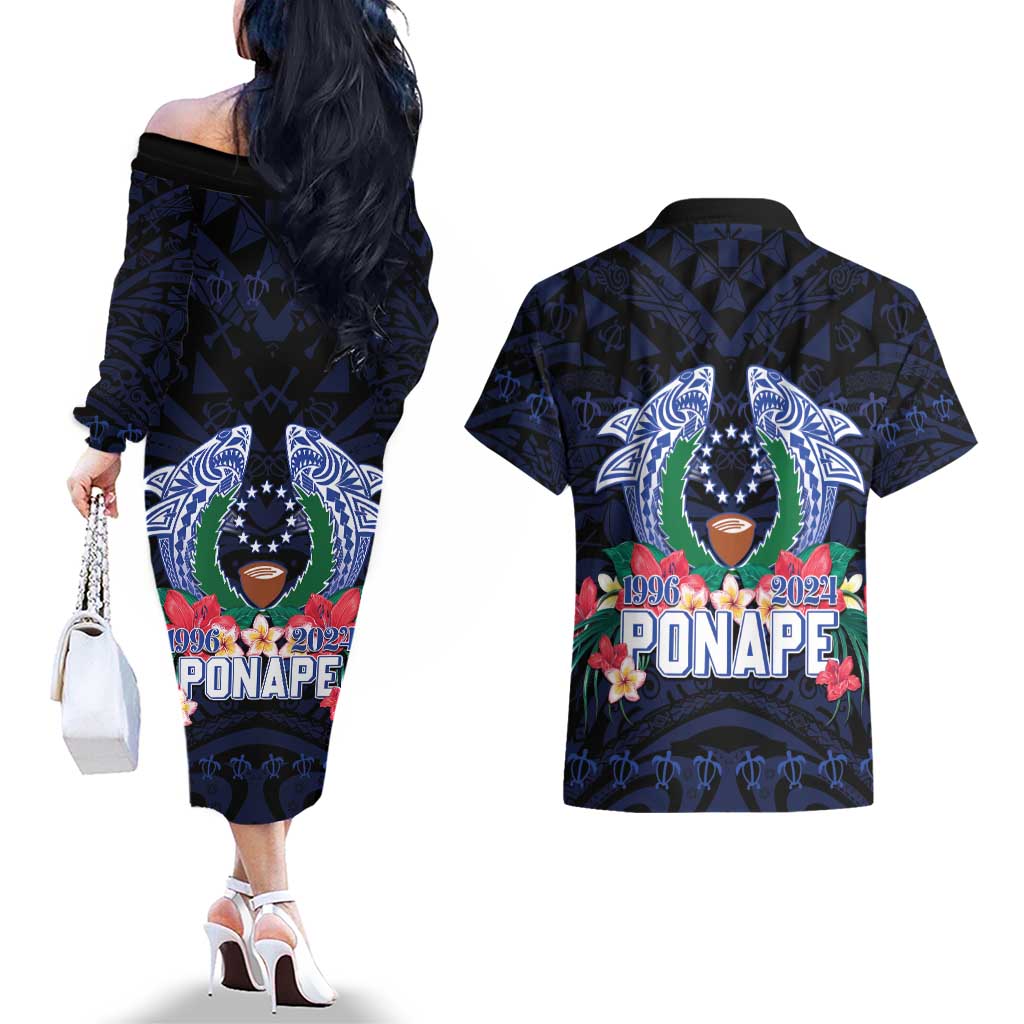 Happy Pohnpei Liberation Day Couples Matching Off The Shoulder Long Sleeve Dress and Hawaiian Shirt Polynesian Shark Turtle Motif