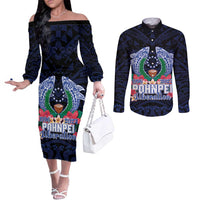 Happy Pohnpei Liberation Day Couples Matching Off The Shoulder Long Sleeve Dress and Long Sleeve Button Shirt Polynesian Shark Turtle Motif