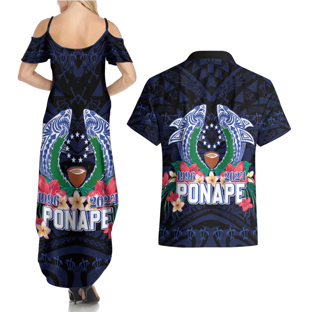 Happy Pohnpei Liberation Day Couples Matching Summer Maxi Dress and Hawaiian Shirt Polynesian Shark Turtle Motif