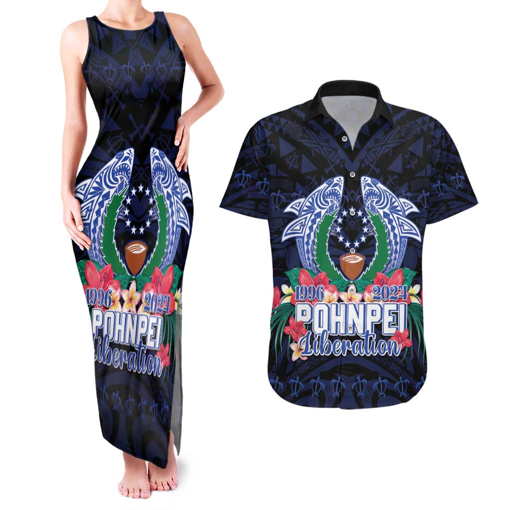 Happy Pohnpei Liberation Day Couples Matching Tank Maxi Dress and Hawaiian Shirt Polynesian Shark Turtle Motif