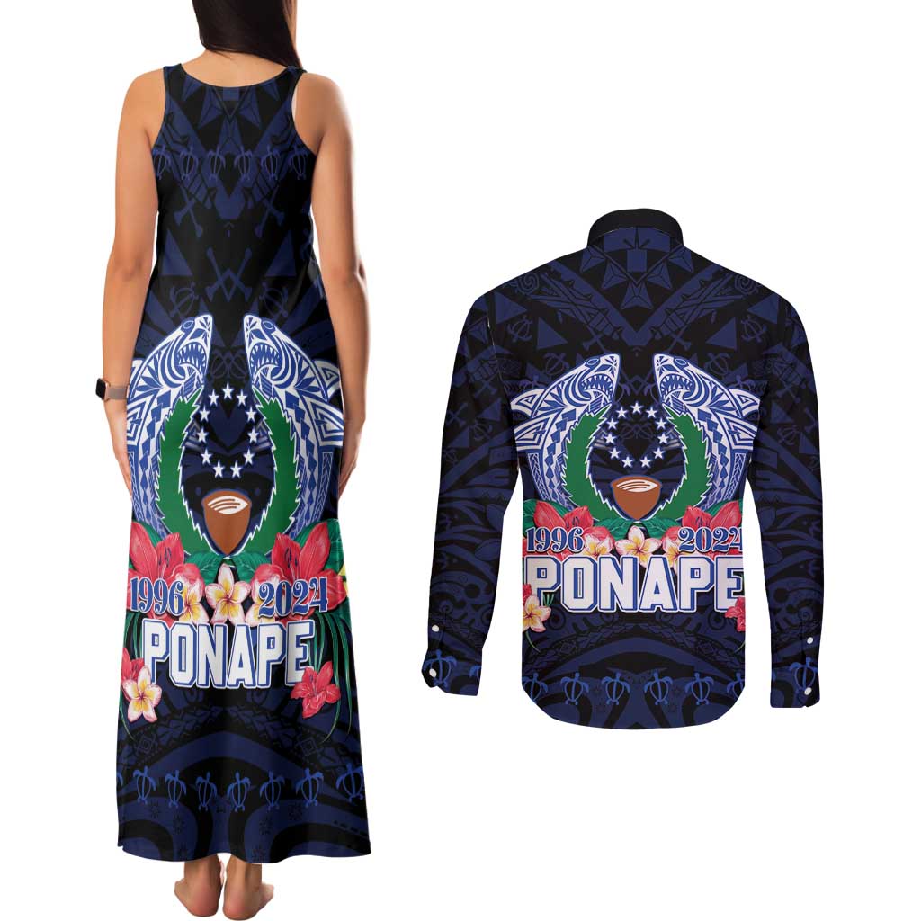 Happy Pohnpei Liberation Day Couples Matching Tank Maxi Dress and Long Sleeve Button Shirt Polynesian Shark Turtle Motif