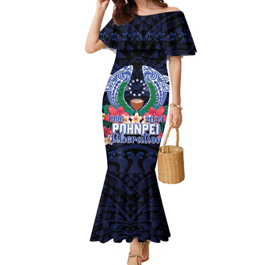 Happy Pohnpei Liberation Day Family Matching Mermaid Dress and Hawaiian Shirt Polynesian Shark Turtle Motif LT05 Mom's Dress Blue - Polynesian Pride