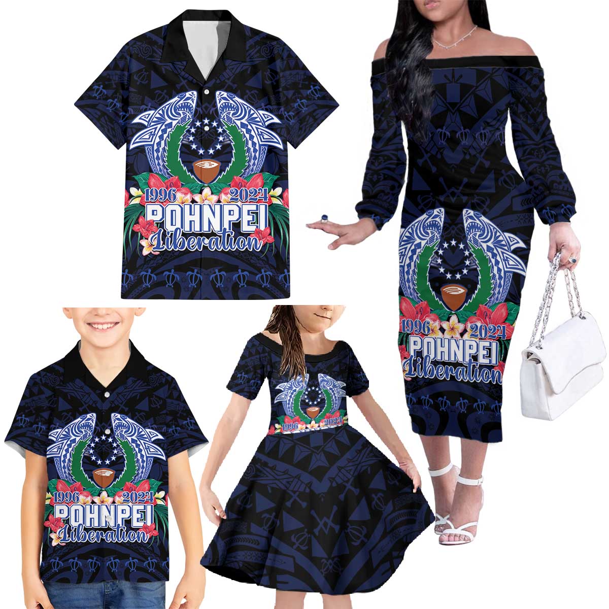 Happy Pohnpei Liberation Day Family Matching Off The Shoulder Long Sleeve Dress and Hawaiian Shirt Polynesian Shark Turtle Motif LT05 - Polynesian Pride