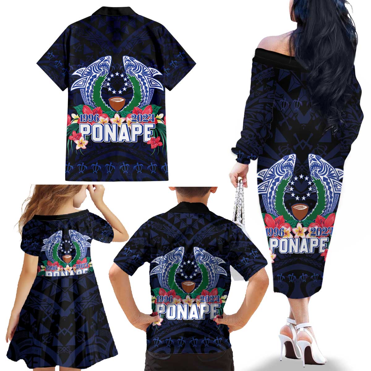 Happy Pohnpei Liberation Day Family Matching Off The Shoulder Long Sleeve Dress and Hawaiian Shirt Polynesian Shark Turtle Motif LT05 - Polynesian Pride