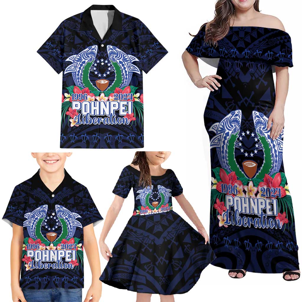 Happy Pohnpei Liberation Day Family Matching Off Shoulder Maxi Dress and Hawaiian Shirt Polynesian Shark Turtle Motif LT05 - Polynesian Pride