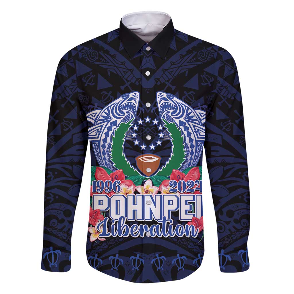 Happy Pohnpei Liberation Day Family Matching Off Shoulder Maxi Dress and Hawaiian Shirt Polynesian Shark Turtle Motif LT05 Dad's Shirt - Long Sleeve Blue - Polynesian Pride