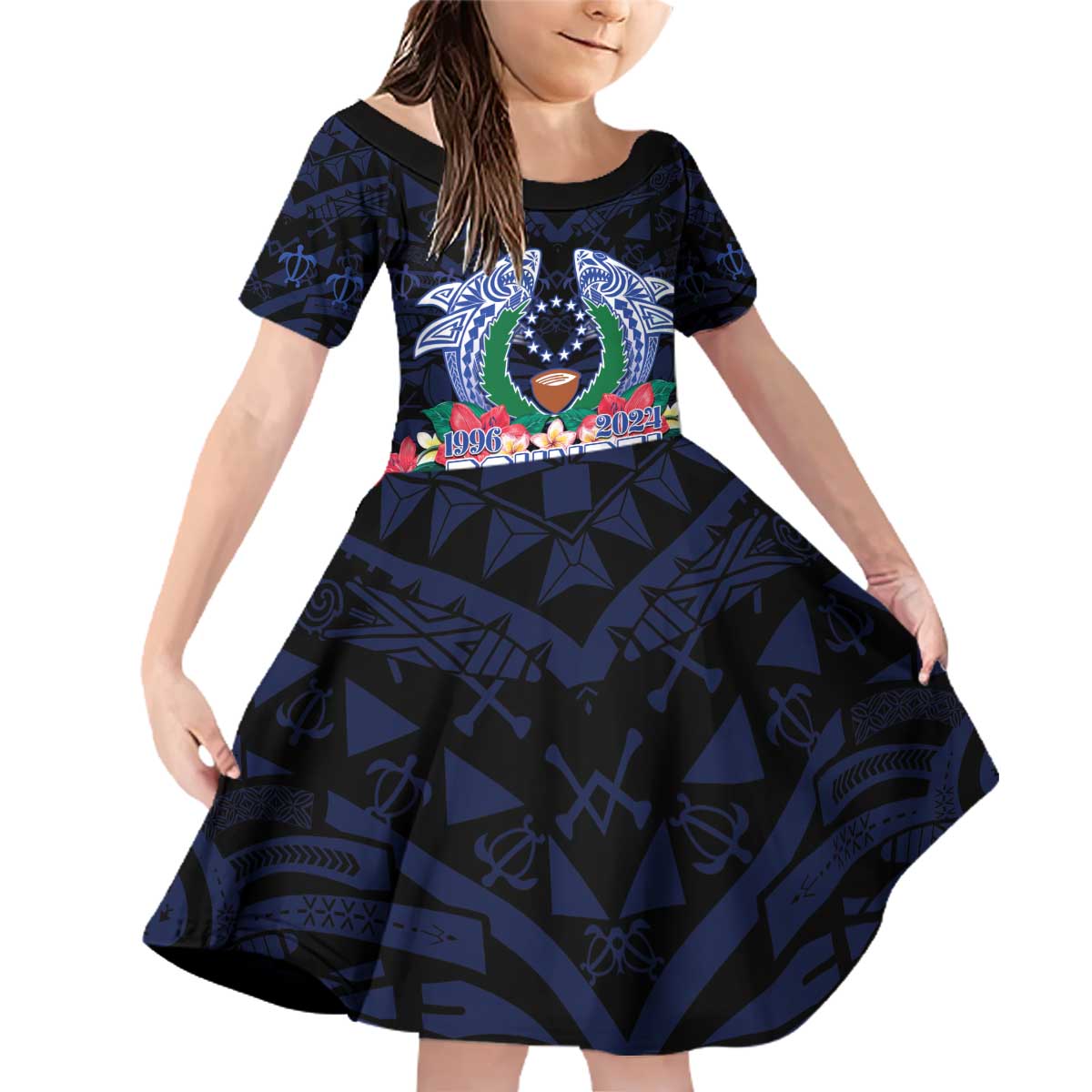 Happy Pohnpei Liberation Day Family Matching Off Shoulder Short Dress and Hawaiian Shirt Polynesian Shark Turtle Motif LT05 Daughter's Dress Blue - Polynesian Pride