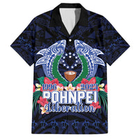 Happy Pohnpei Liberation Day Family Matching Off Shoulder Short Dress and Hawaiian Shirt Polynesian Shark Turtle Motif LT05 Dad's Shirt - Short Sleeve Blue - Polynesian Pride